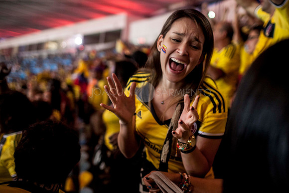 Natalia, esposa del volante de la Selección Colombia Abel Aguilar, celebra el primer gol durante el partido de octavos de final que Colombia le ganó a Uruguay 2 a 0, en el estadio Maracaná, en Rio de